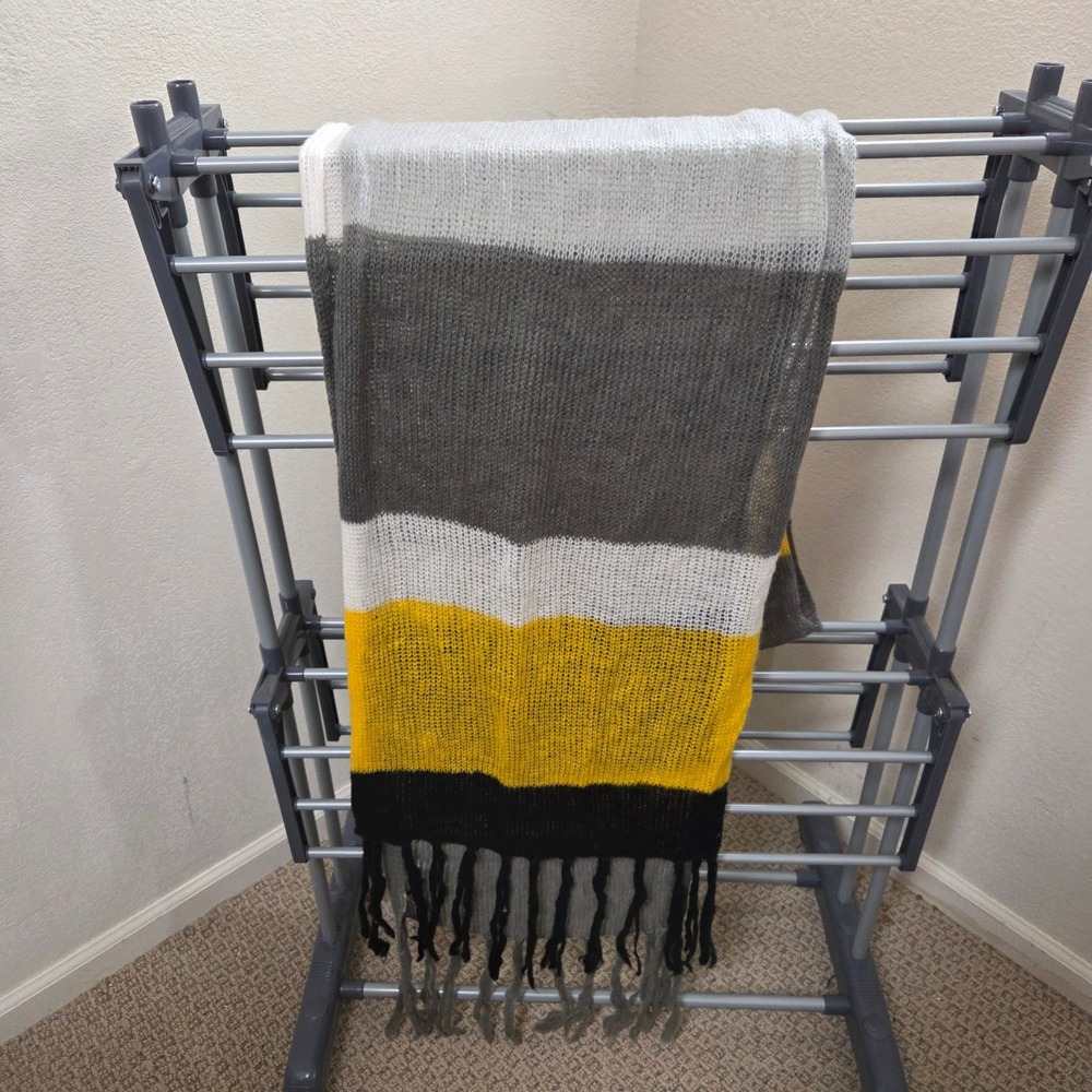 Oversized Colorblock Knit Scarf Grey White Yellow Black Fringe 24x136 Long